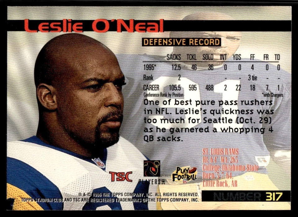 1996 Stadium Club Leslie O'Neal SP St. Louis Rams #317 12884 - Image 2 of 2