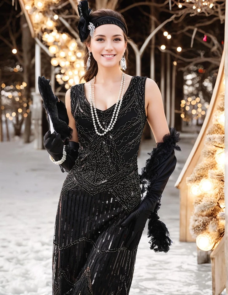 Платье-флиппер 1920-х Gatsby с блестками с бахромой пейсли набор аксессуаров 20-х годов (X... - Изображение 2 из 4