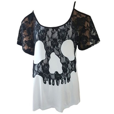 Banned Gothic Punk T-Shirt Oberteil mit Spitze - Aura Top Skull Schädel Weiß
