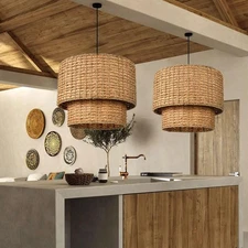 1 Light Rustic Woven Pendant Light, Coastal Rattan Lampshade Hanging Lighting...