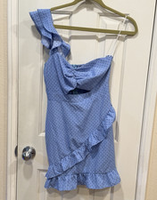 Nasty Gal Women’s 2 Blue Polka Dot One-Shoulder Ruffle Sleeveless Mini Dress