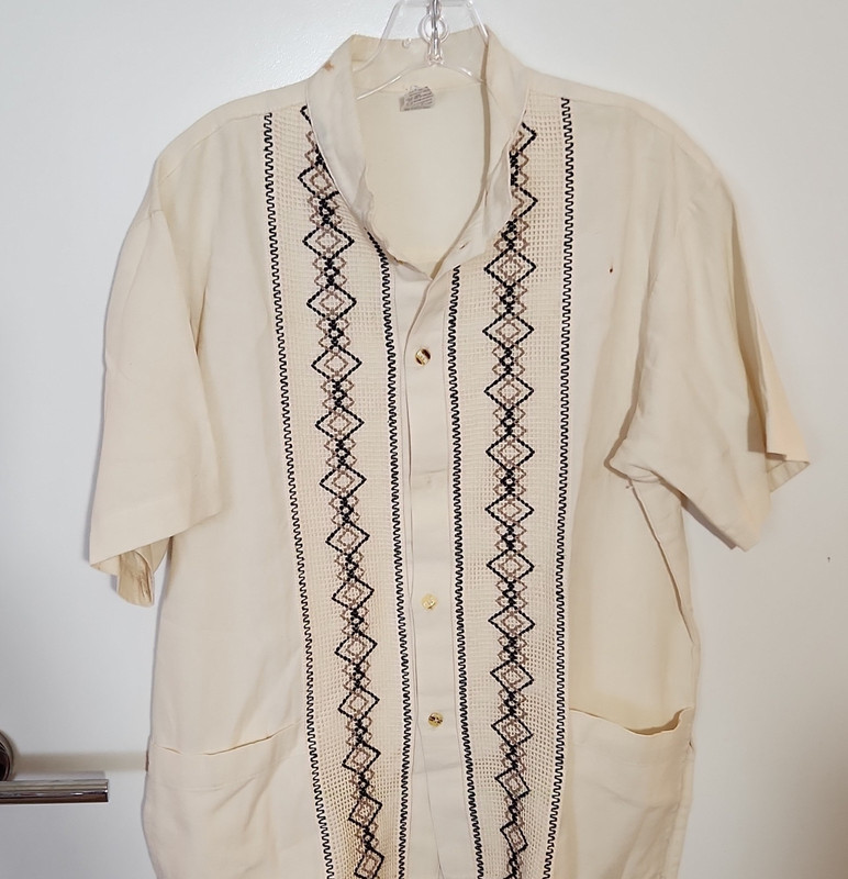 Men's Mexican Dress Shirt Beige Cotton Embroidered Short Sleeve Size M