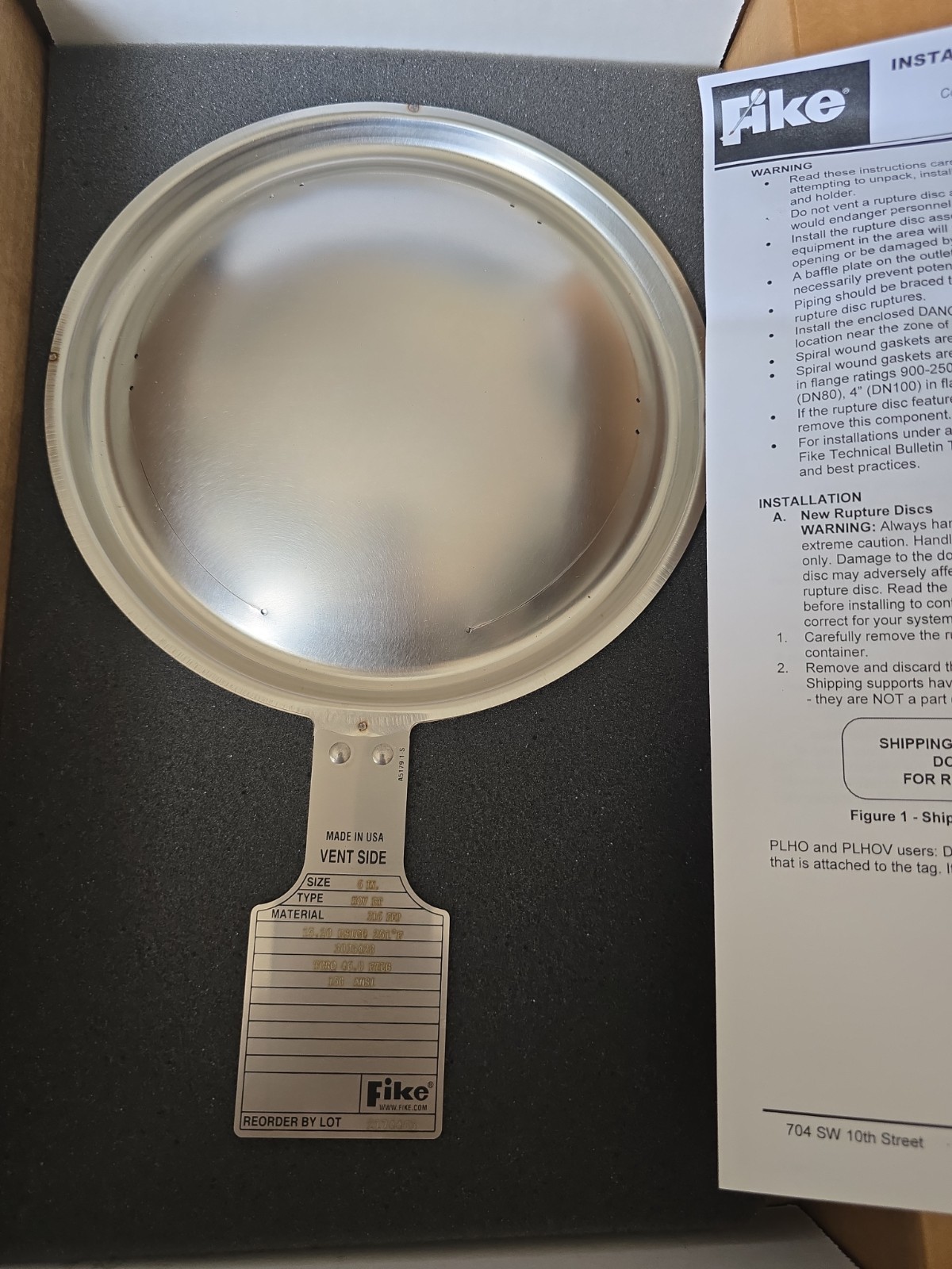 NEW FIKE 6” RELIEF RUPTURE/BURSTING DISC 3093428, 15.20PSIG@251°F, 316FEP