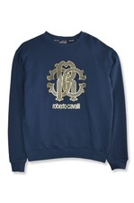 Roberto Cavalli Mens Navy Blue Gold RC Logo Crewneck Sweater, L Large RC-002