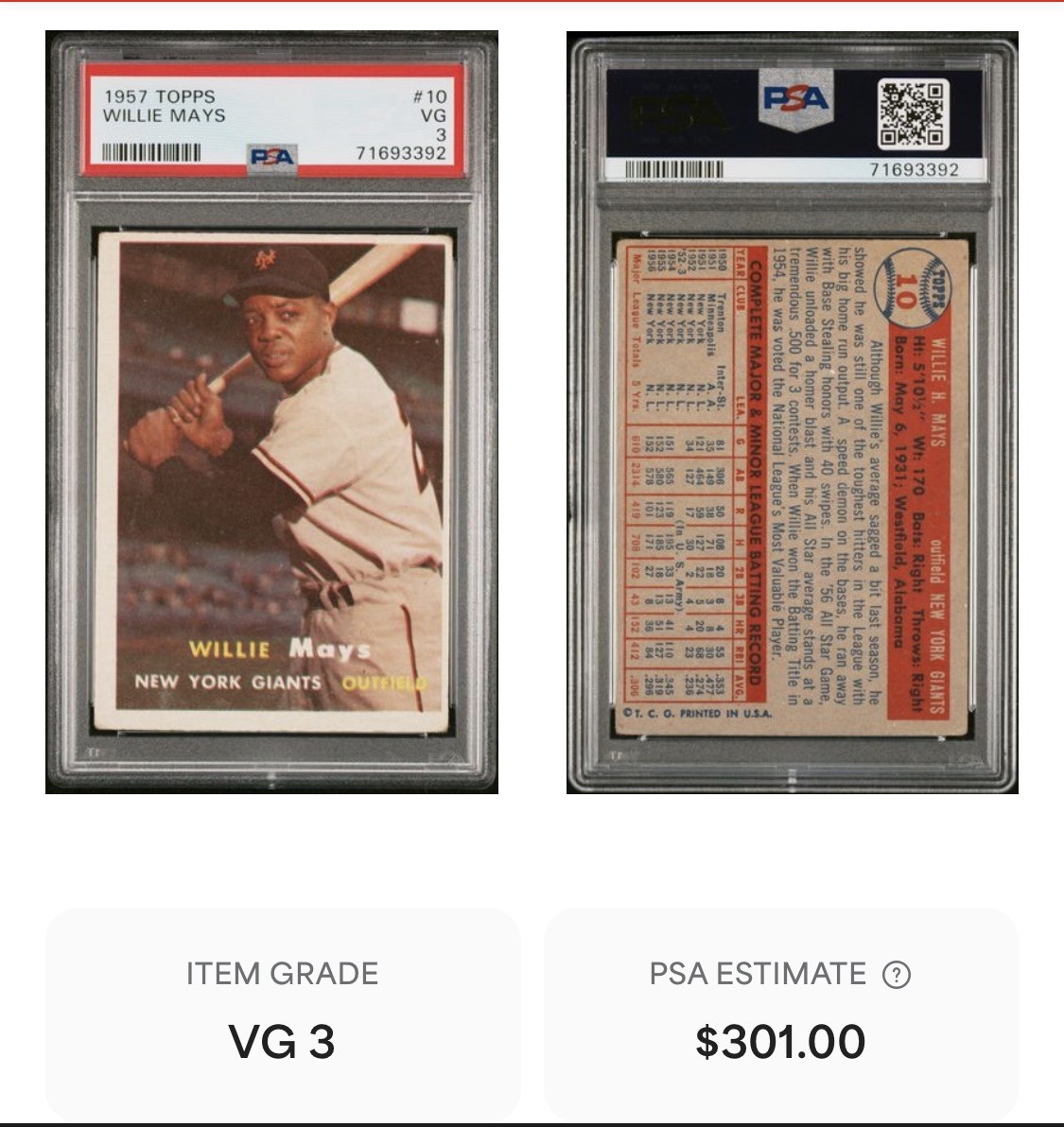 1957 Topps Willie Mays #10 PSA 3 New York Giants ￼ view 3