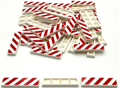 Lego 50 New White Tiles Flat Smooth 1 x 4 w/ Red and White Danger Stripes Pieces