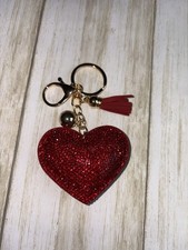 Red Heart rhinestone Metal Key Chain with Tassel and Gold Hardware for Women