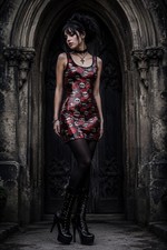Rare! Vintage Red Rose & Skulls Sequin Bodycon Little Black Mini Dress Size 10