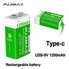 9 Volt Premium Lithium Ion Rechargeable Battery 9V li-ion with USB-C Port - T001