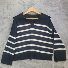Banana Republic Johnny Collar Knit Sweater, Women's Size L Black/White Striped
