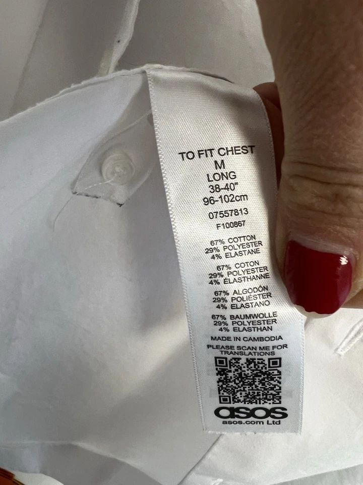 Asos Shirt Mens M Medium Long White Long Sleeve Solid Regular Fit Preppy - Image 4 of 4