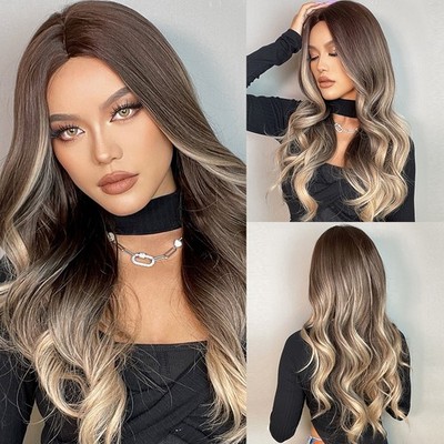 Long Wavy Curly Ombre Brown Light Blonde Synthetic Wigs Women Hair Daliy Party 