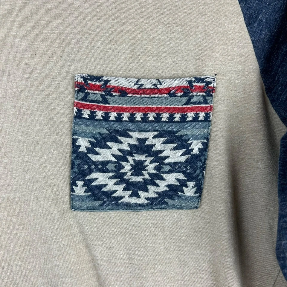 Camiseta On The Byas Hombres Medio Tostado Azul Azteca Suroeste Bolsillo Béisbol Raglán Foto 4 de 4