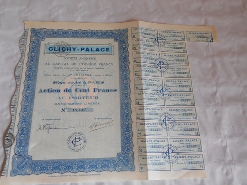 Vintage share certificate Stocks Bonds action clichy palace - Picture 2 of 2