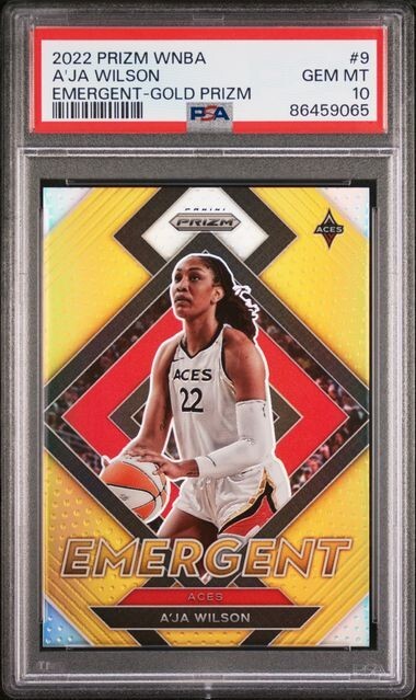 2022 PANINI PRIZM WNBA A'JA WILSON EMERGENT GOLD PRIZM, 5/10, PSA 10, GEM MINT