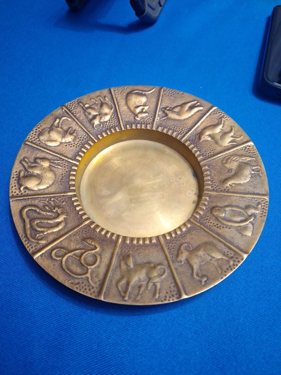 VINTAGE BRASS ASHTRAY - 12 SIGNS OF THE KOREAN ZODIAC - MADE IN