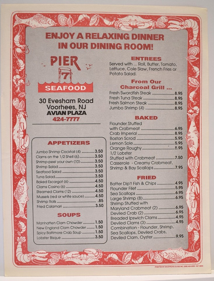 1980s Pier 7 Seafood Restaurant Menu Evesham Road Voorhees Township New