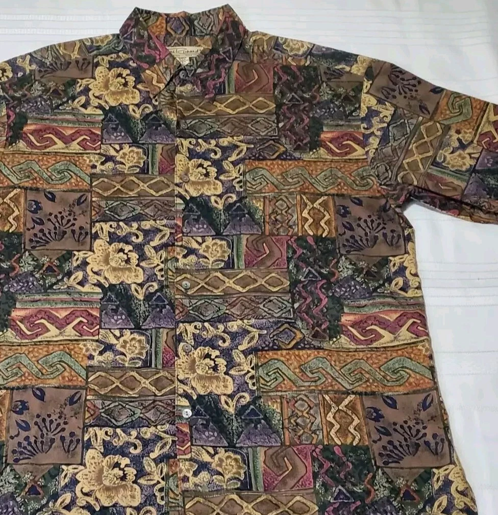 Tori Richard Men's Hawaiian Shirt Large Brown Purple Green Tribal Floral USA EUC