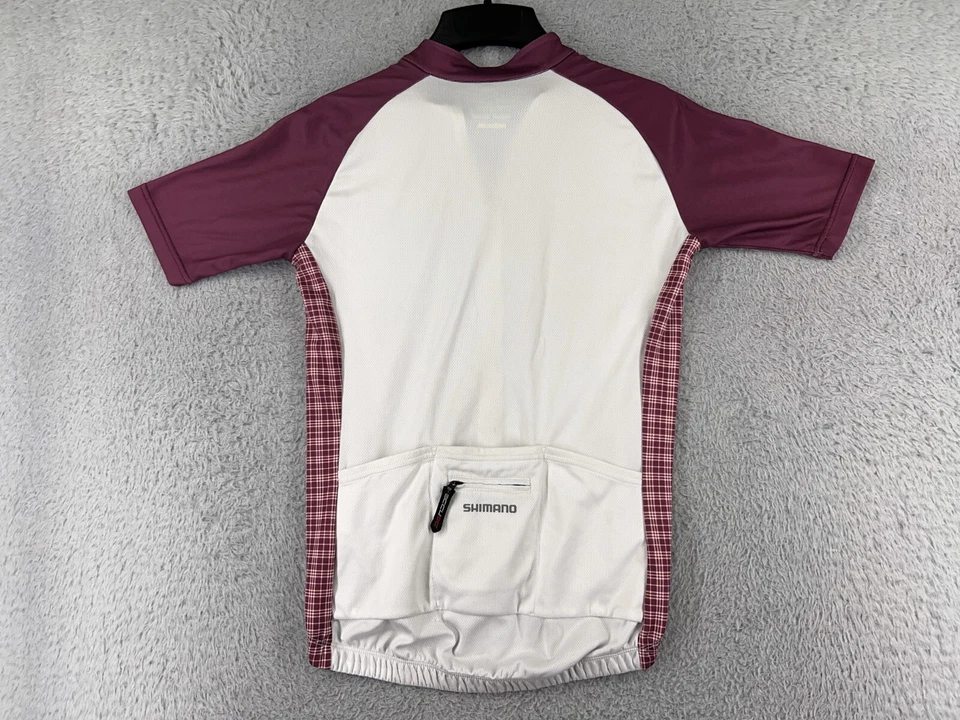 Camiseta deportiva de ciclismo Shimano para hombre pequeña blanca roja a cuadros cremallera completa mangas cortas bolsillos Foto 2 de 4