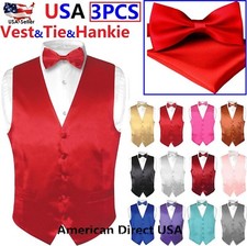 Men's Dress Vest BOWTie Hanky Solid Color Waistcoat Bow Tie Set Suit or Tuxedo