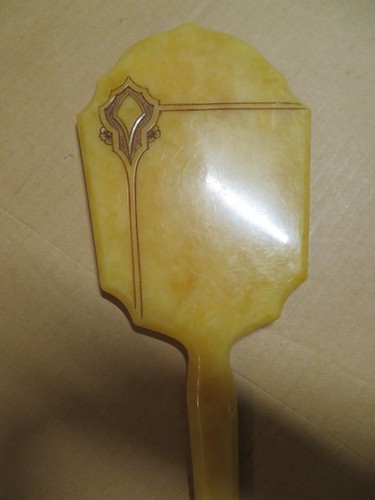 VINTAGE ART DECO BAKELITE HAND MIRROR BEVELED GLASS Floral mother of pearl - Picture 2 of 4