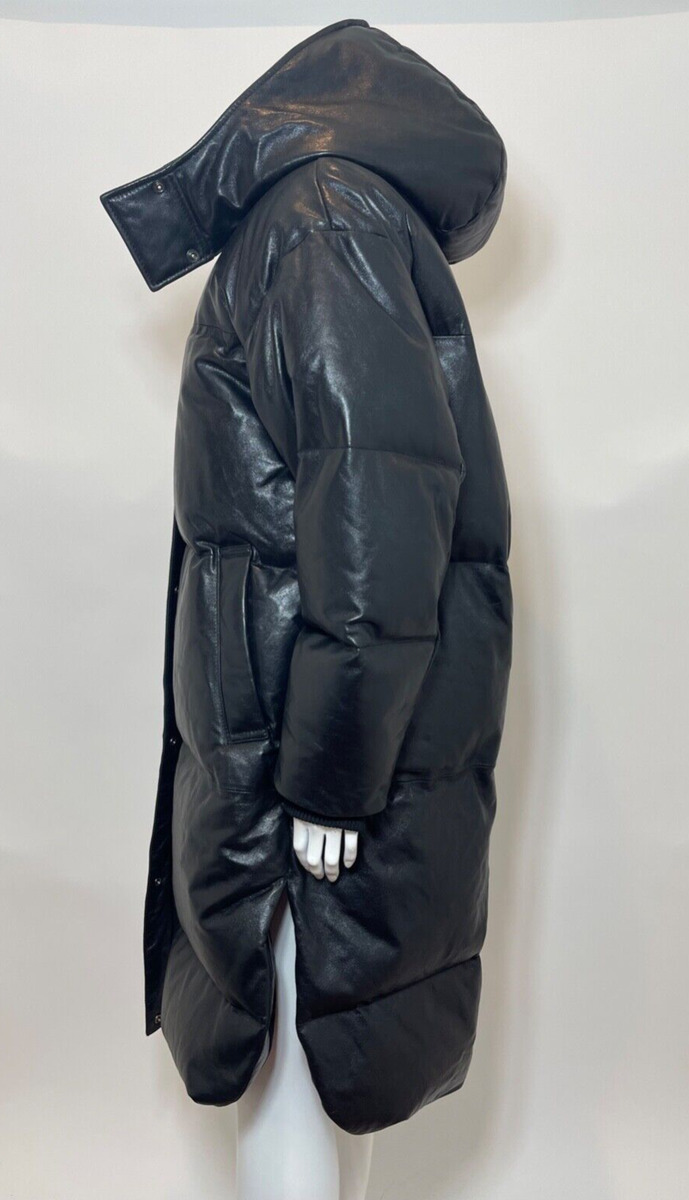 NWT MOUSSY Long Leather Puffer Coat in Black