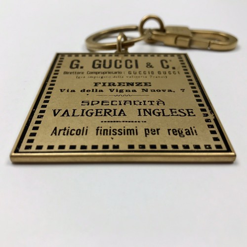 Gucci Keychain Brass Store Plaque Key Charm 495420 FOB Logo Collectible Luxury