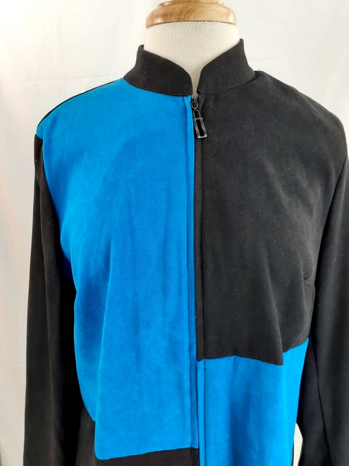 Elementz Womens L Colorblock Shacket Blue Black Zip Front Faux Suede 90s Stretch - Image 3 of 4