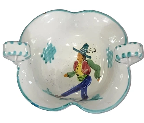 Vintage Italian Hand-painted 6” Double Handle Bowl Folk Style Man W/Hat Walking