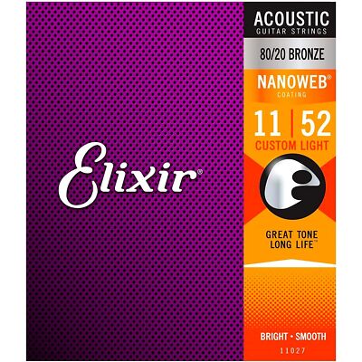 Elixir Nanoweb Acoustic 80/20 Bronze Strings, Custom Light 11-52
