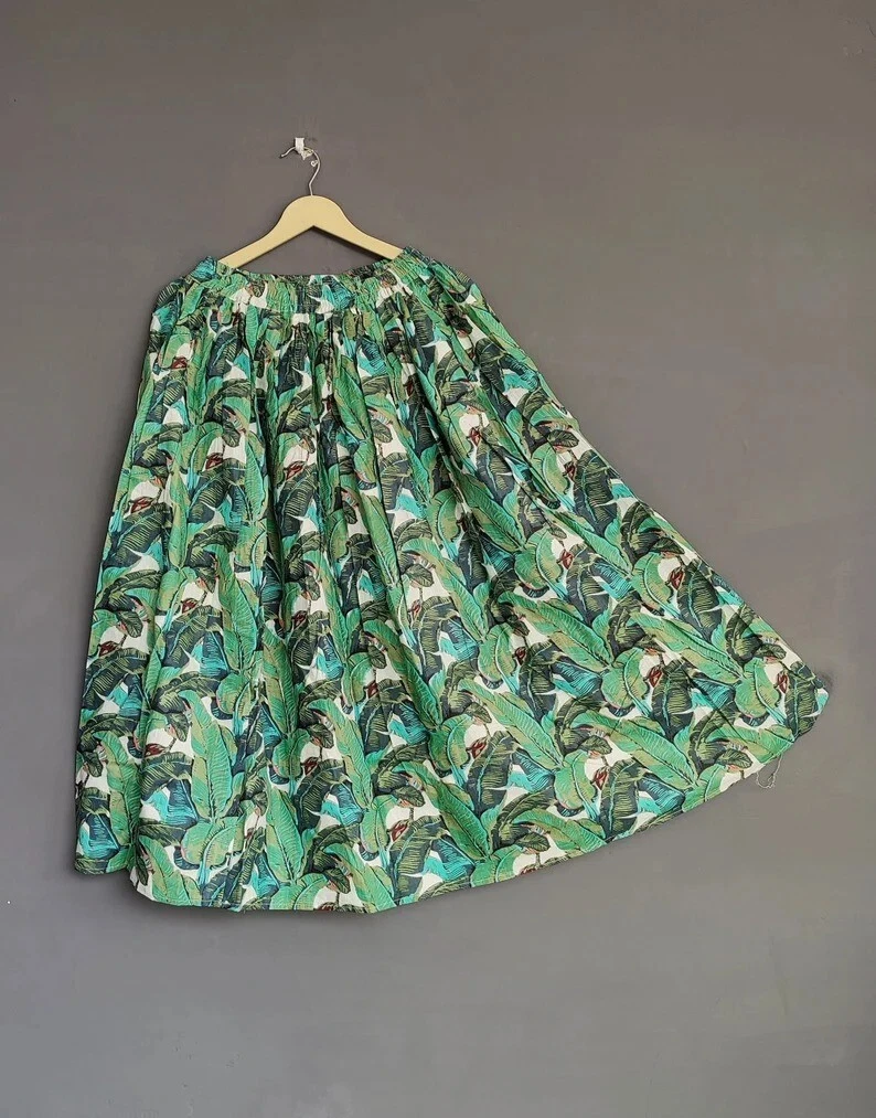 Indian Cotton Green Leaf Print Skirt Women's Clothing Long Skirt Beach Skirt US