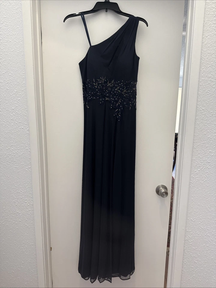 Betsy & Adam Navy One-Shoulder Lace Flower Gold Sequin Embellished Gown Size 4 - Image 4 of 4