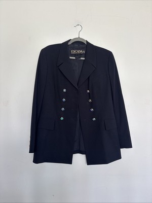 ESCADA MARGARETHA LEY DARK BLUE DOUBLE-BREASTED OPALESCENT BUTTON BLAZER SIZE 40