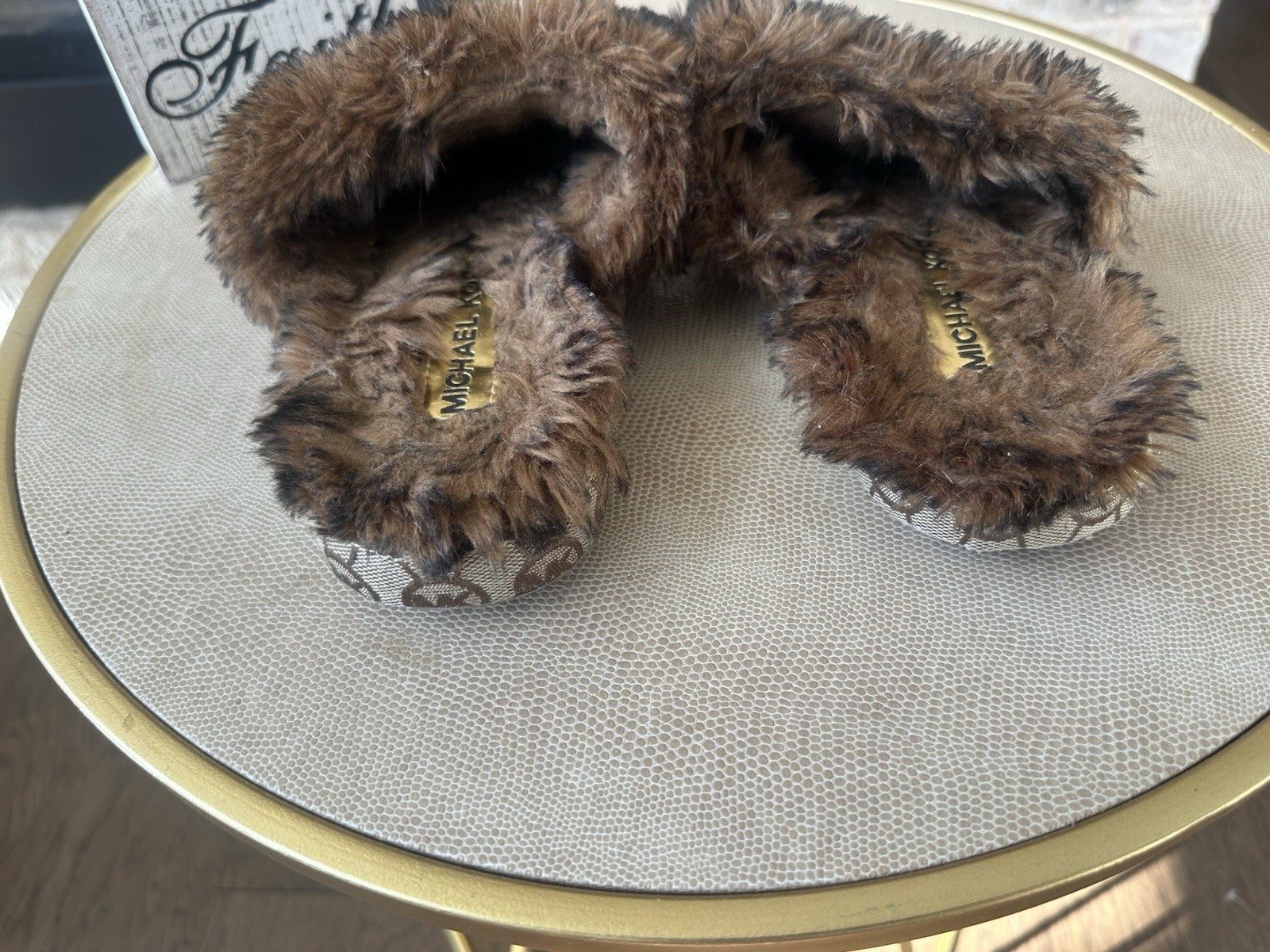 PANTOFOLA D’ORO MICHAEL KORS Ciabatte Donna 8 MK Slide Marrone Oro Logo Ecopelliccia Marrone