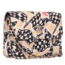 CHANEL Bag: CC Logo Checker Flag Mini Chain Shoulder Beige Black Gold w/box;
