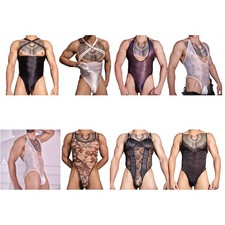 Men Leotard Lingerie Bodysuit Nightwear Rompers Glossy Jumpsuits Mesh Tights