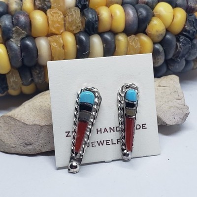 Zuni Willie Gia Sterling Silver Turquoise Onyx Inlay 925 Earrings