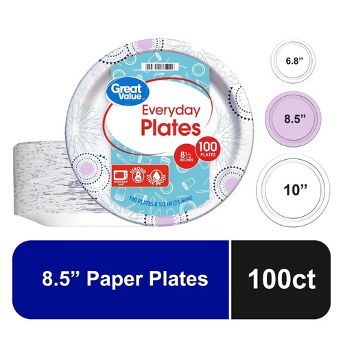 Great Value 8.5 Inch Disposable Paper Plates,100 Ct,Soak Proof Microwave Safe.