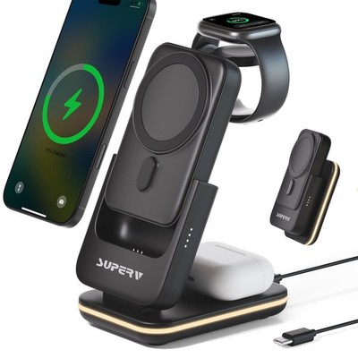 SUPERV 4 in 1 Wireless Charging Station: 5000mAh Removable Power 4-in-1 Black 