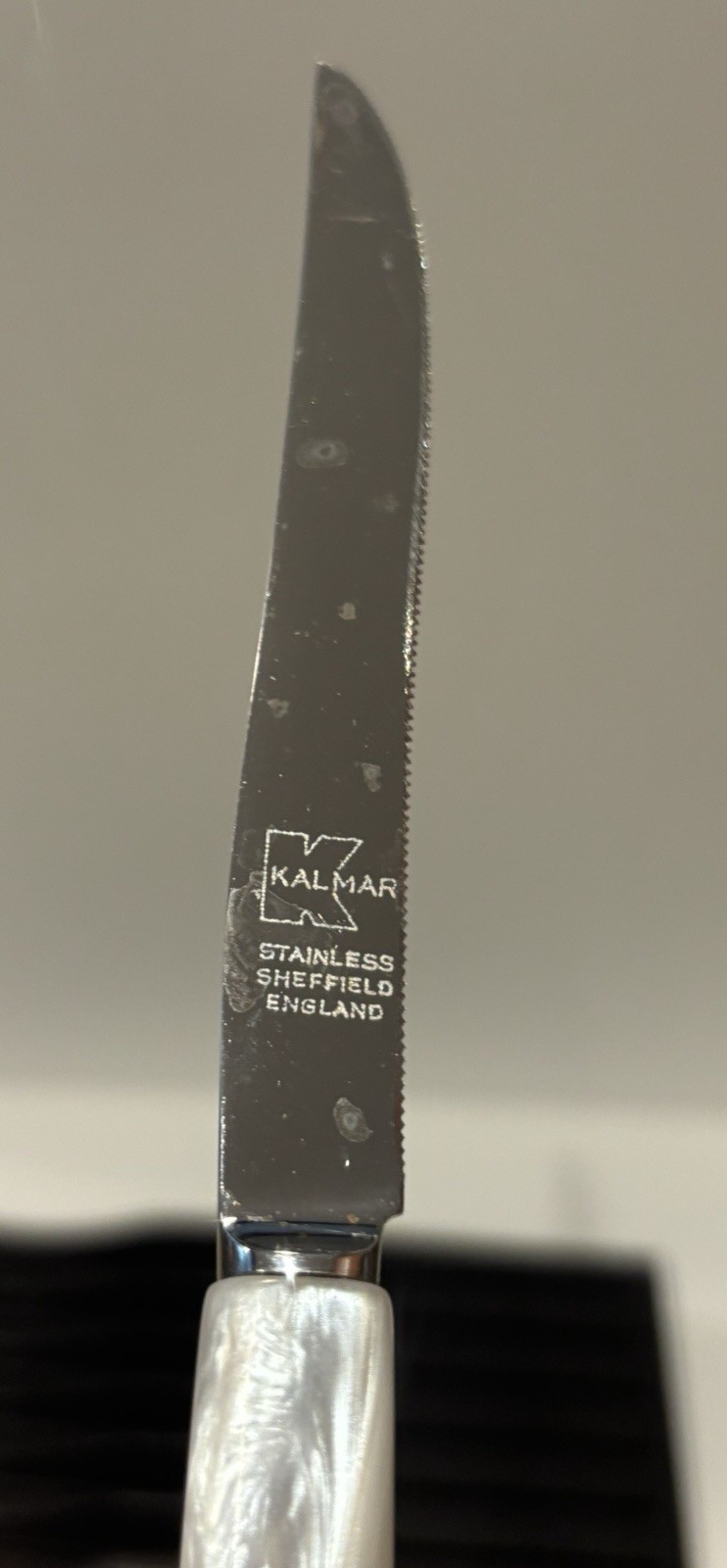 x 11 Vintage KalMar Knives Faux Mother of Pearl Opalescent Handles + Racks As Is