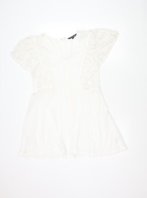French Connection Damen Kleid Weiß Baumwolle A-Linie M Kurzarm V-Ausschnitt