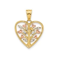 14k Tri-Tone Gold Tree of Life Heart Pendant with Rose Leaves for Women