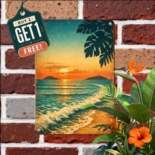 Tropical Hawaii Beach Sunrise Colorful Ocean Wave Travel Art Metal Sign 8x12