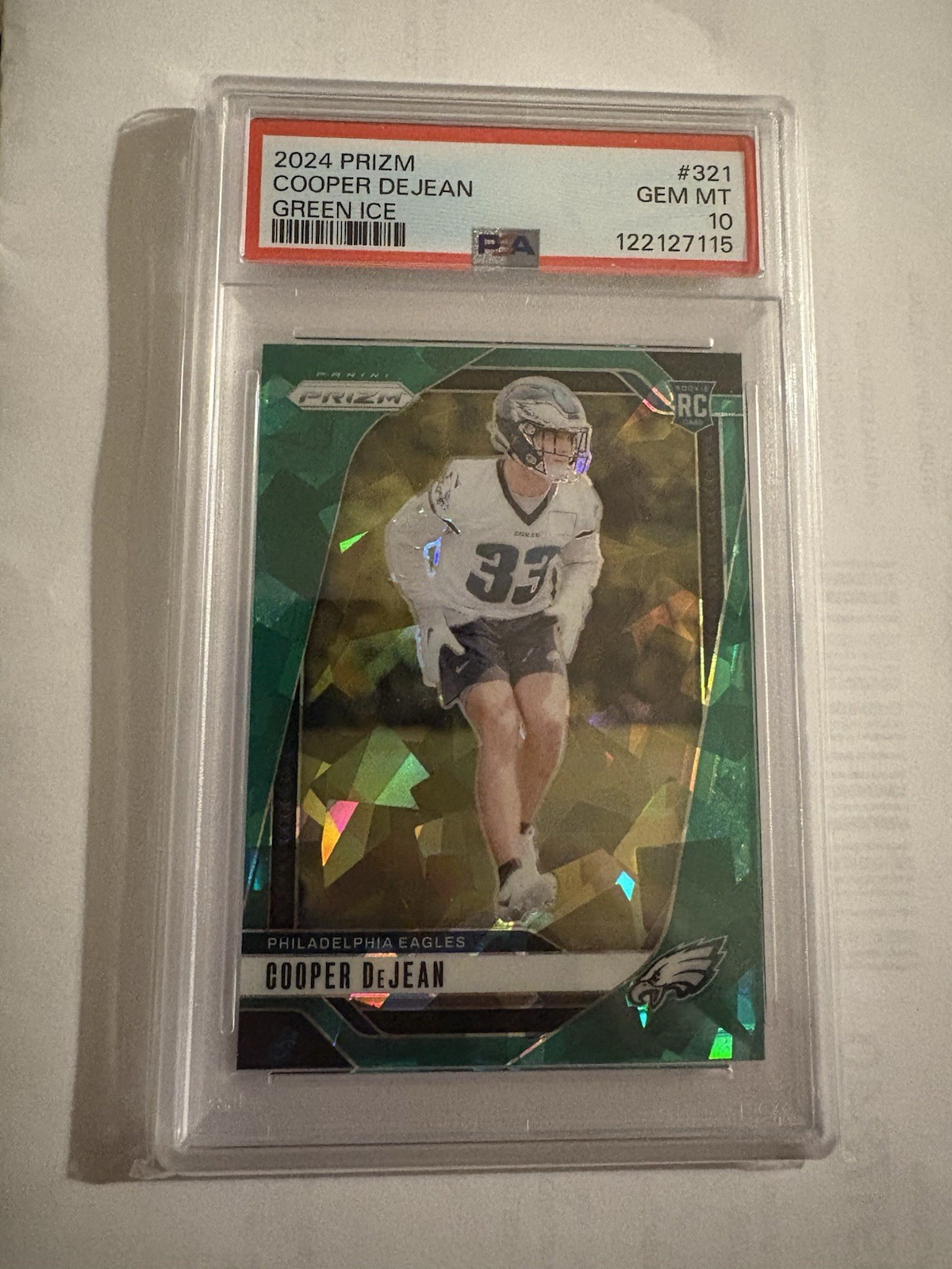2024 Panini Prizm Green Cracked Ice Cooper DeJean #321 RC Eagles SSP PSA 10!