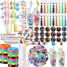 195pc Dragon Birthday Party Favors Set for 18 - Cups, Badges, Tattoos, Keychains