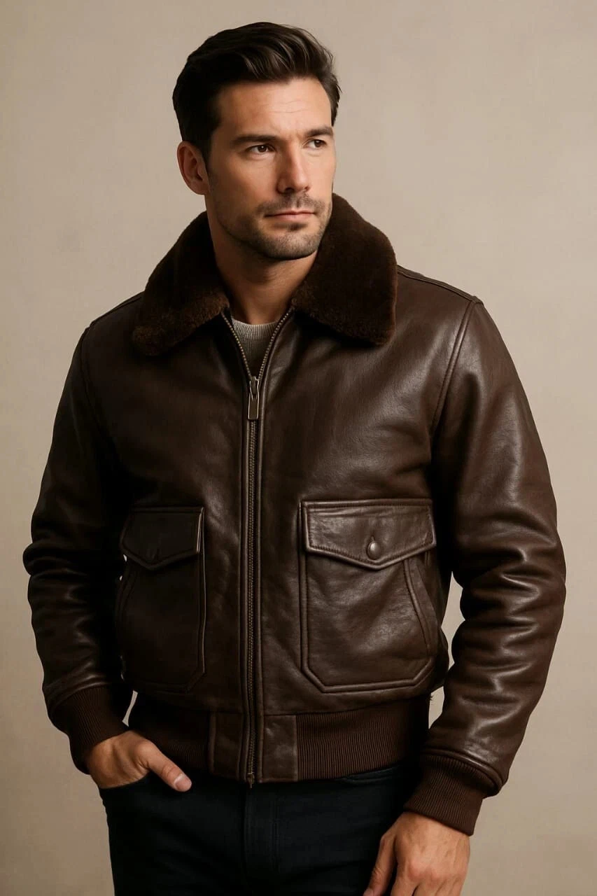 Men’s A-2 Air Force Pilot Bomber Jacket – Cowhide Leather Aviator Flight Coat