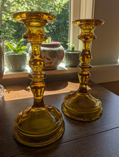 Set of 2 Vintage MCM Amber Glass Candlesticks...