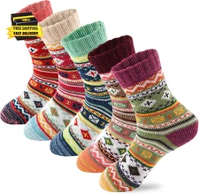 5 Pairs Wool Socks for Women - Cute Fuzzy Warm Colorful Crew Socks for Women Win