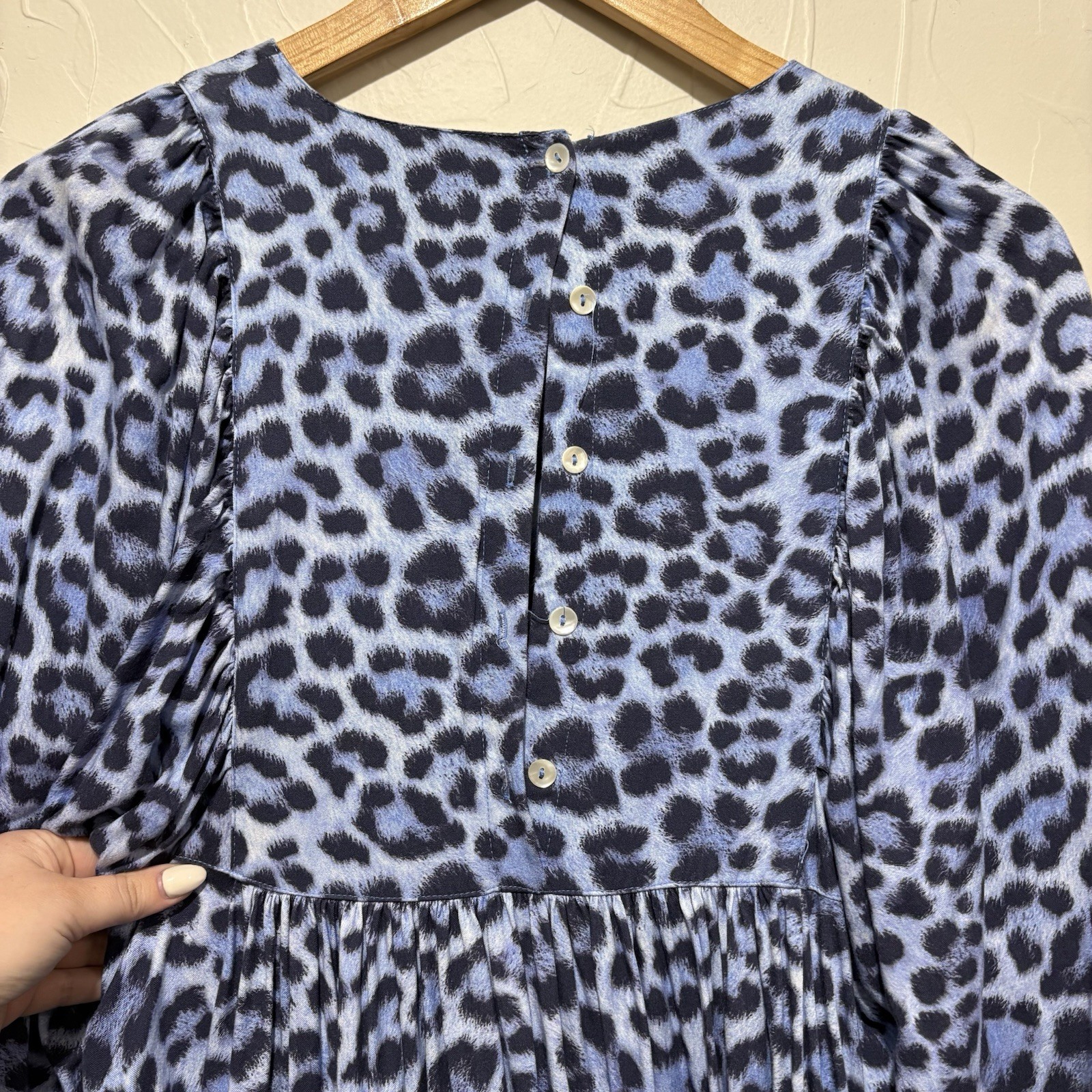 Molo “Caly” blue jaguar print balloon sleeve shift dress (size 170/176)