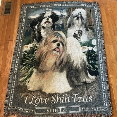 Danbury Mint I Love Shih-Tzu s Dogs Tapestry Throw Blanket Wall Hanging 48 X 67